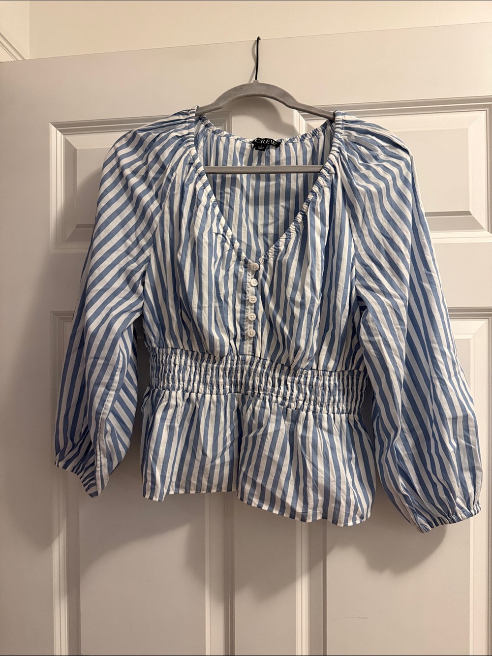 J. Crew Blue and White Striped Peasant Blouse